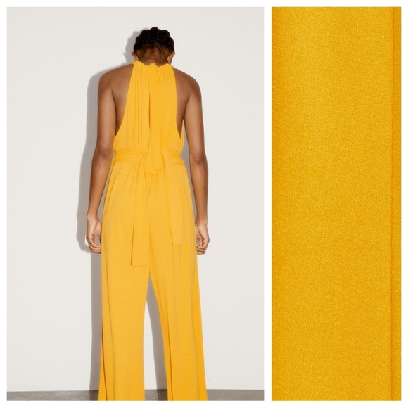 NWT. Zara Mustard/Golden Yellow Wide Leg Flowy Jumpsuit with Belt. Size S. - Picture 4 of 10